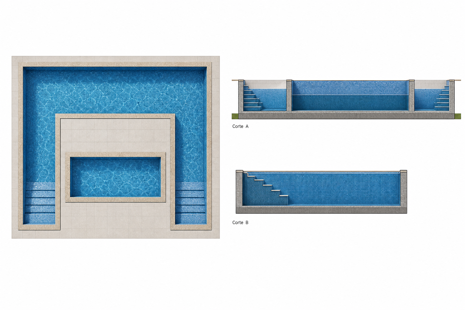 Projeto de piscina com planta e cortes renderizados, mostrando o potencial da MOABIA na apresentaÃ§Ã£o de desenhos tÃ©cnicos.